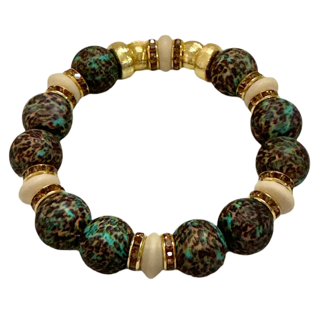 BROWN AND TURQUOISE LEOPARD BANGLE WITH  GOLD AND CZ ACCENTS