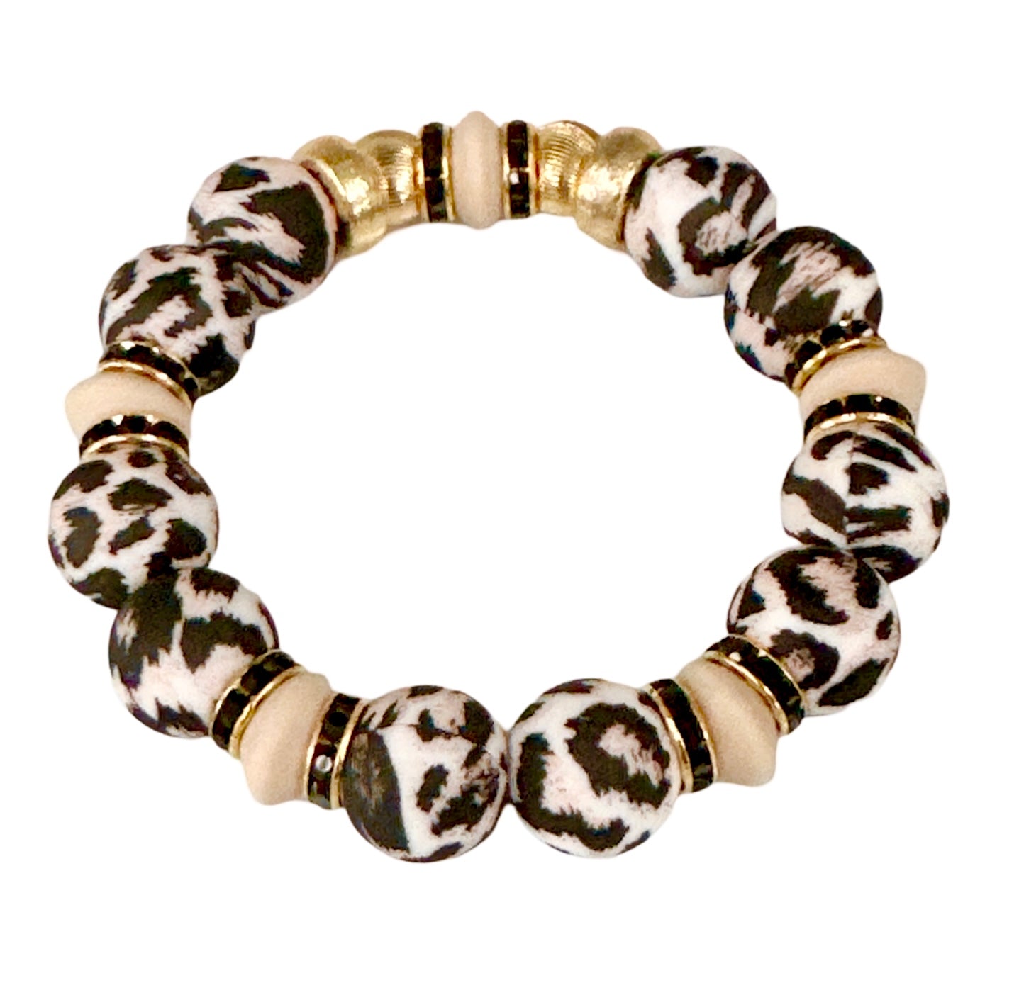 BLACK AND TAN CHEETAH BANGLE WITH GOLD AND CZ ACCENTS