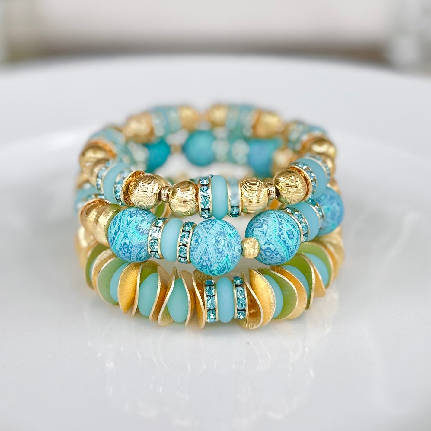 TURQUOISE QUILT PATTERN BANGLE WITH  GOLD AND CZ