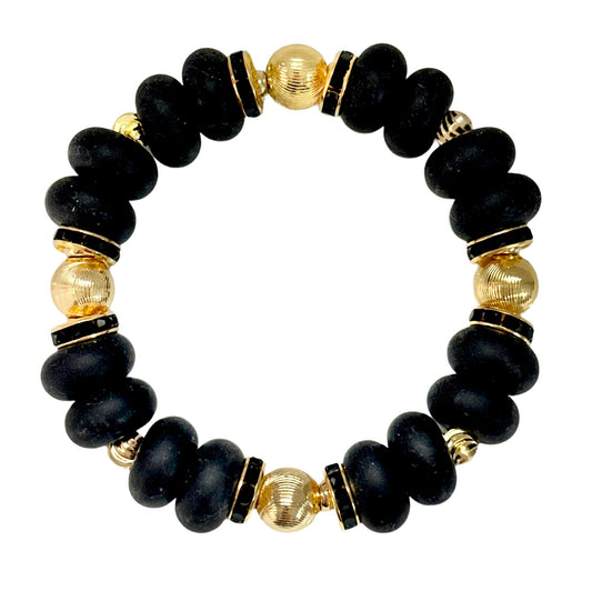 BLACK SPIRAL BANGLE WITH GOLD AND BLACK CZ ACCENTS