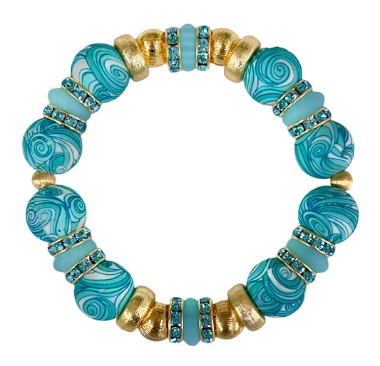 TURQUOISE AND WHITE SWIRL PATTERN BANGLE WITH  GOLD AND CZ