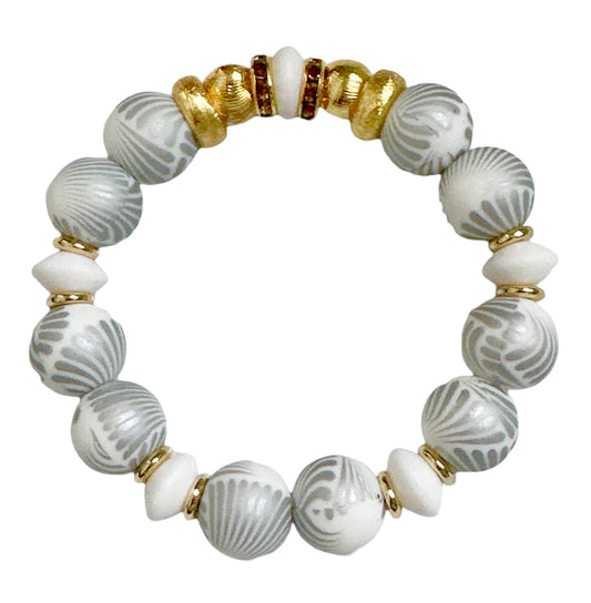 WHITE AND GRAY SEASHELL BANGLE WITH GOLD AND CZ