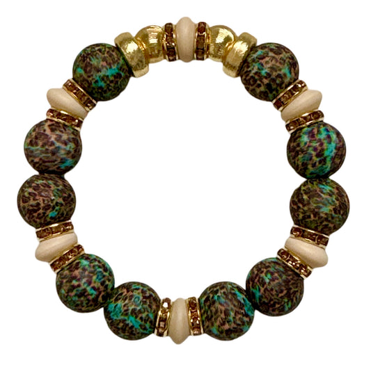 BROWN AND TURQUOISE LEOPARD BANGLE WITH  GOLD AND CZ ACCENTS