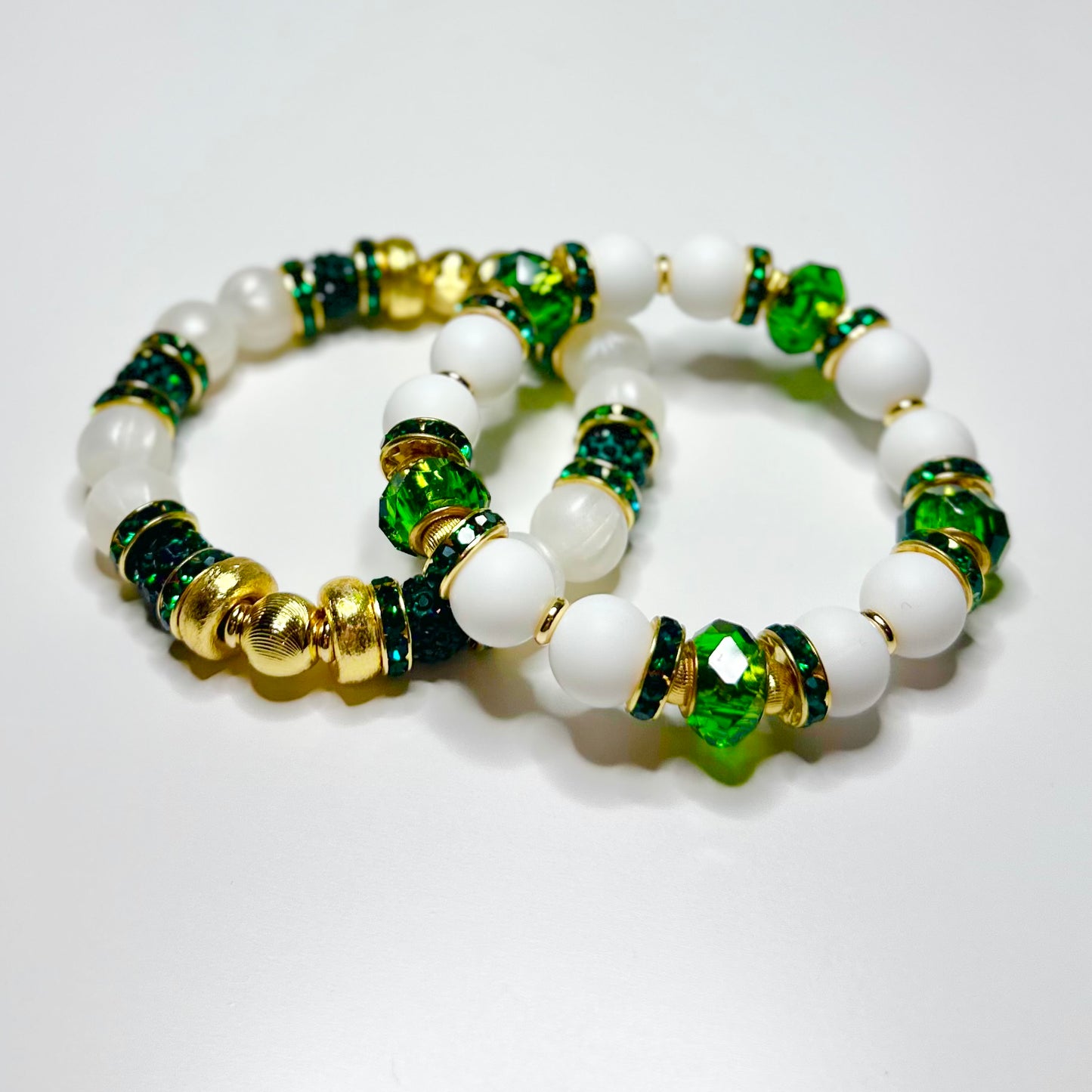 HOLIDAY PEARLIZED IVORY BANGLE WITH EMERALD CZ SPARKLE