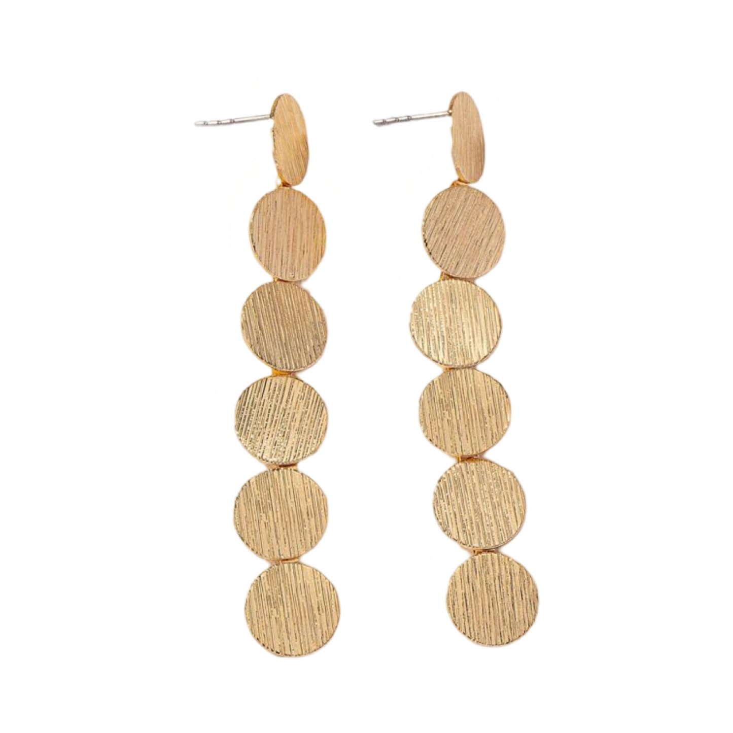 GOLD RIBBED LONG DESCENDING CIRCLE EARRING