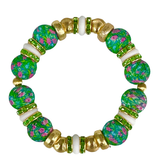 DARK GREEN AND PINK FLORAL BANGLE WITH  GOLD AND CZ BANGLE