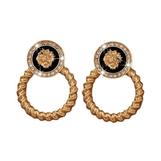 GOLD AND BLACK LION HEAD EARRING WITH CZ INLAY