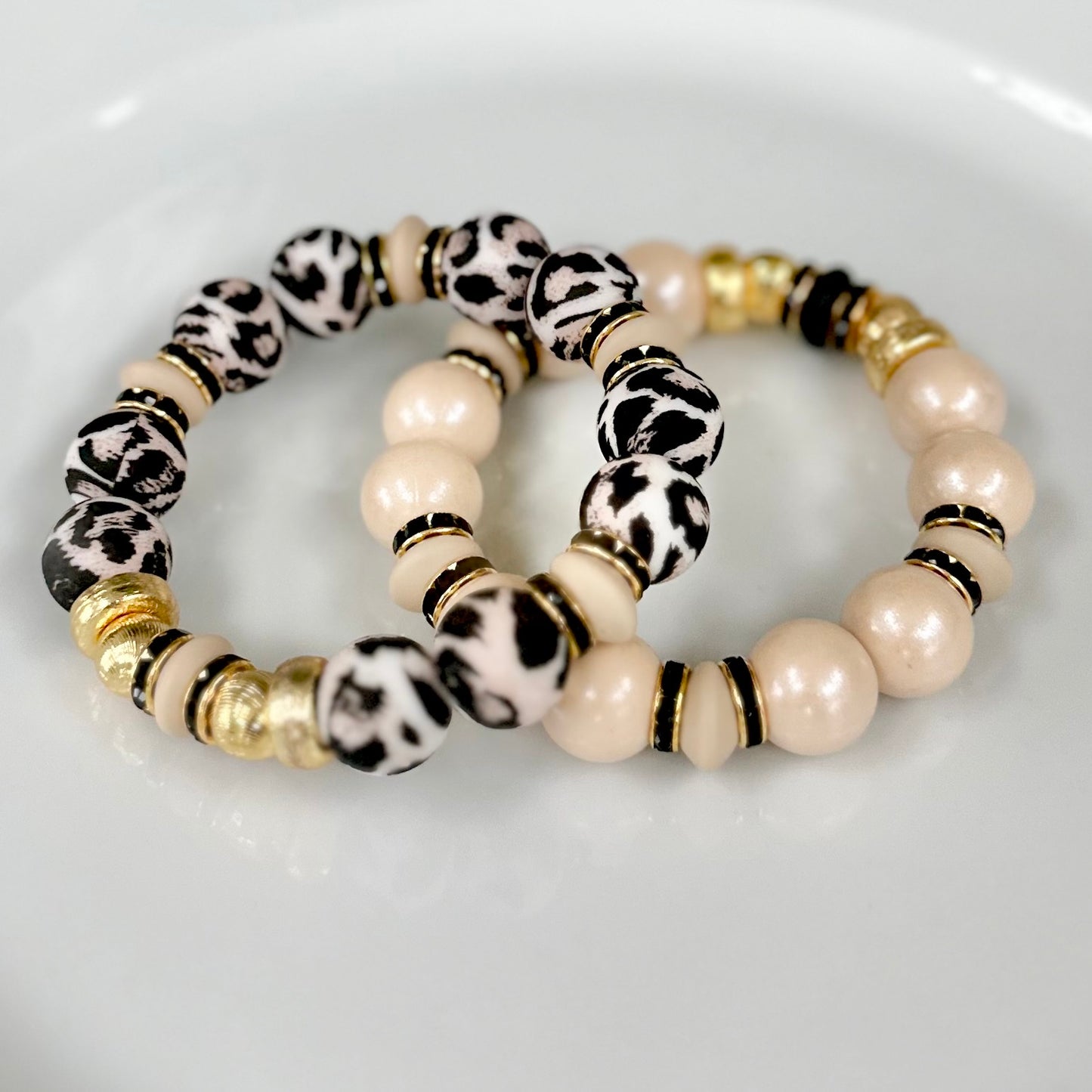 BLACK AND TAN CHEETAH BANGLE WITH GOLD AND CZ ACCENTS