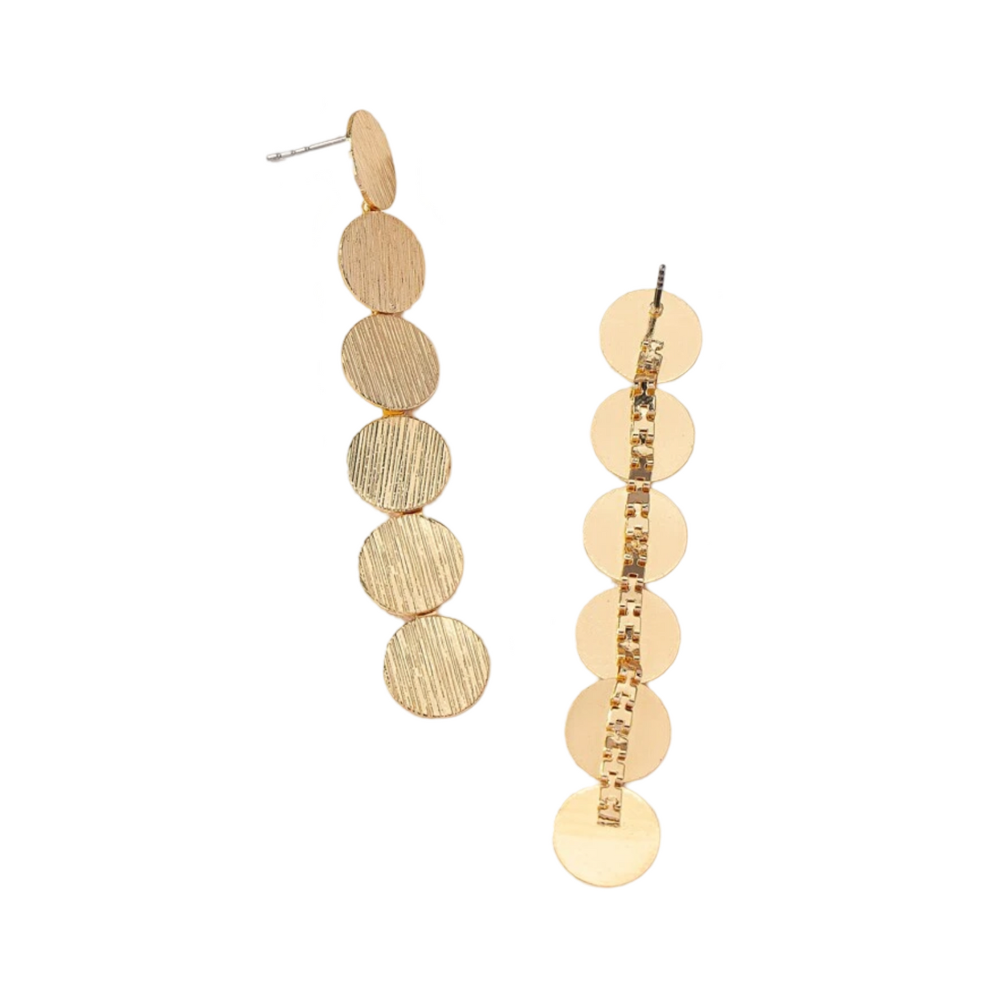 GOLD RIBBED LONG DESCENDING CIRCLE EARRING