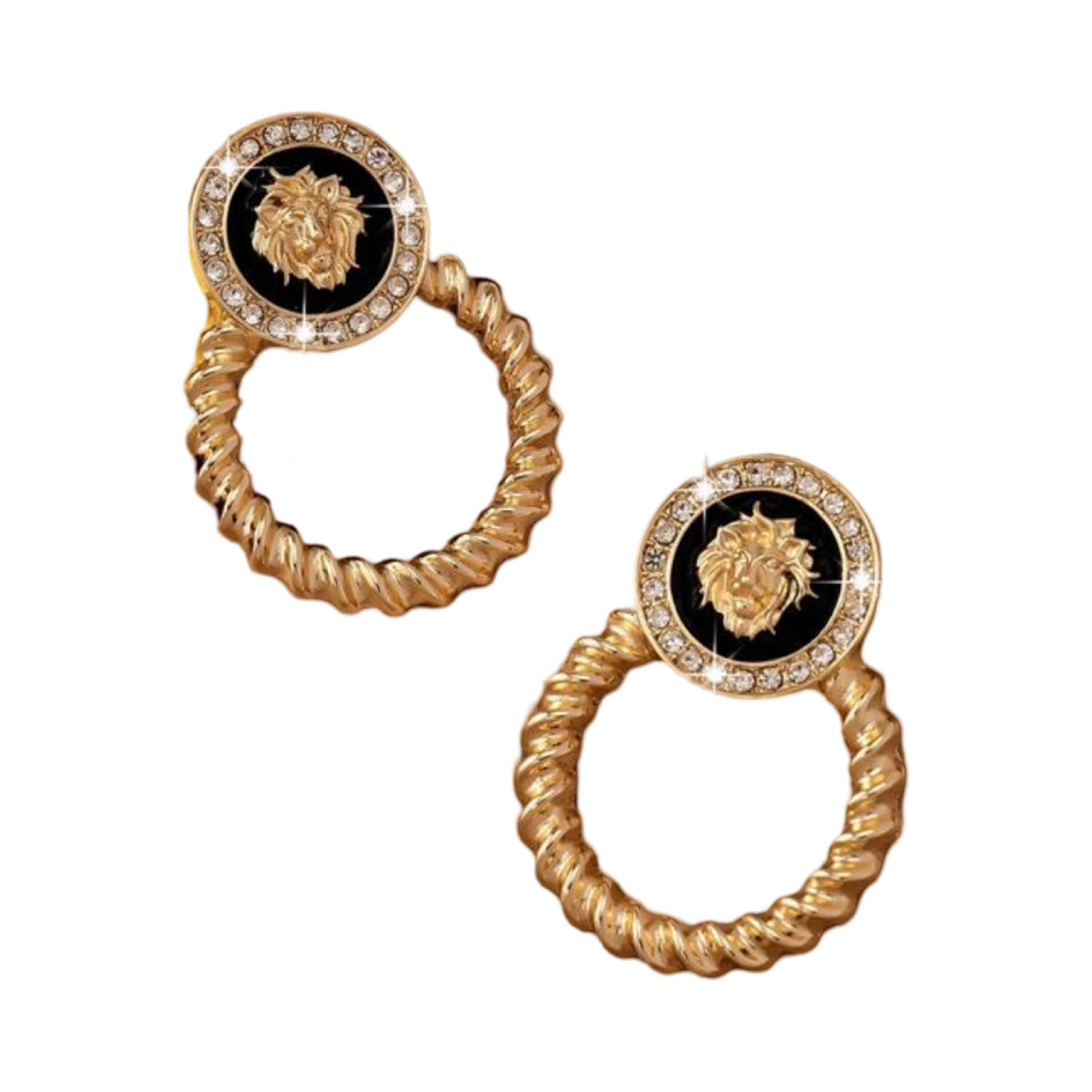 GOLD AND BLACK LION HEAD EARRING WITH CZ INLAY