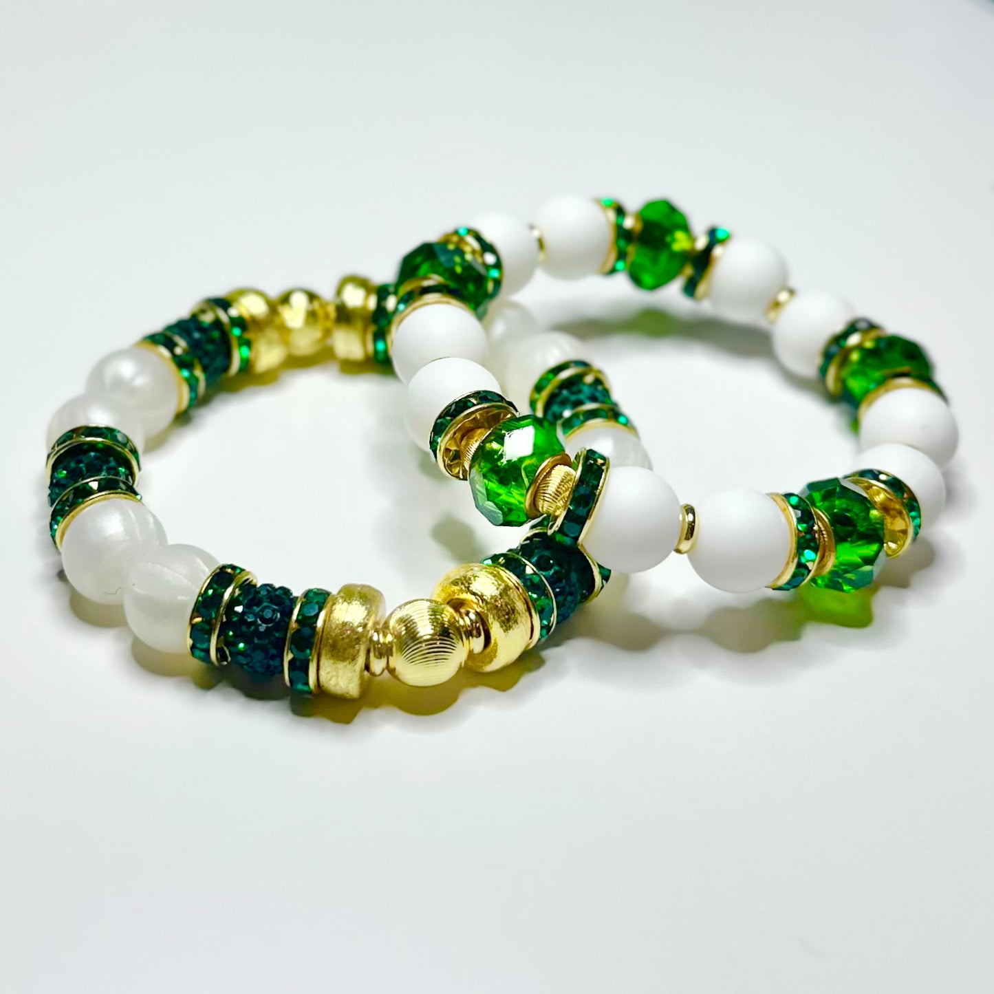 HOLIDAY PEARLIZED IVORY BANGLE WITH EMERALD CZ SPARKLE