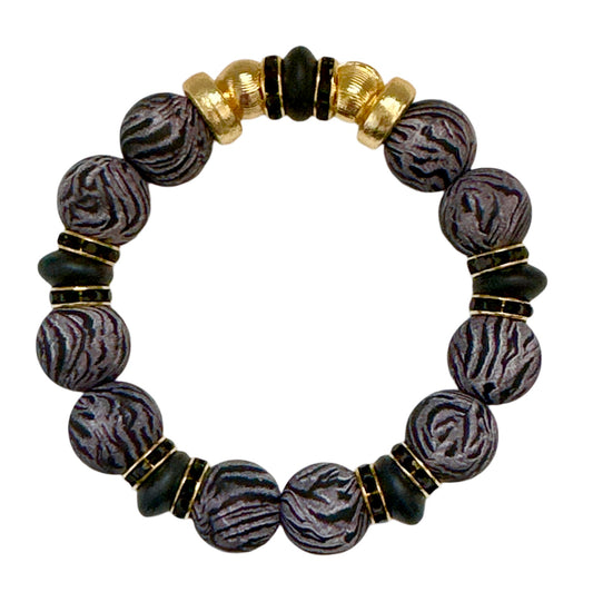 GRAY ZEBRA BANGLE WITH BLACK, GOLD AND CZ ACCENTS