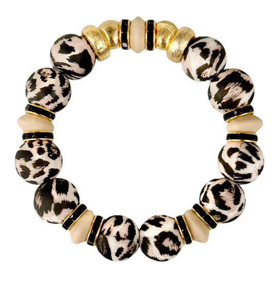 BLACK AND TAN CHEETAH BANGLE WITH GOLD AND CZ ACCENTS